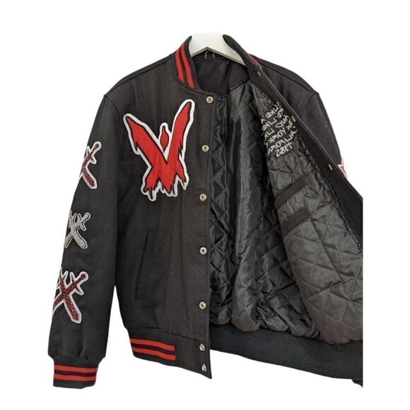 VM Quote Virile Monarch Wool Black & Red Varsity Jacket Men's Size S/M - Picture 3 of 12